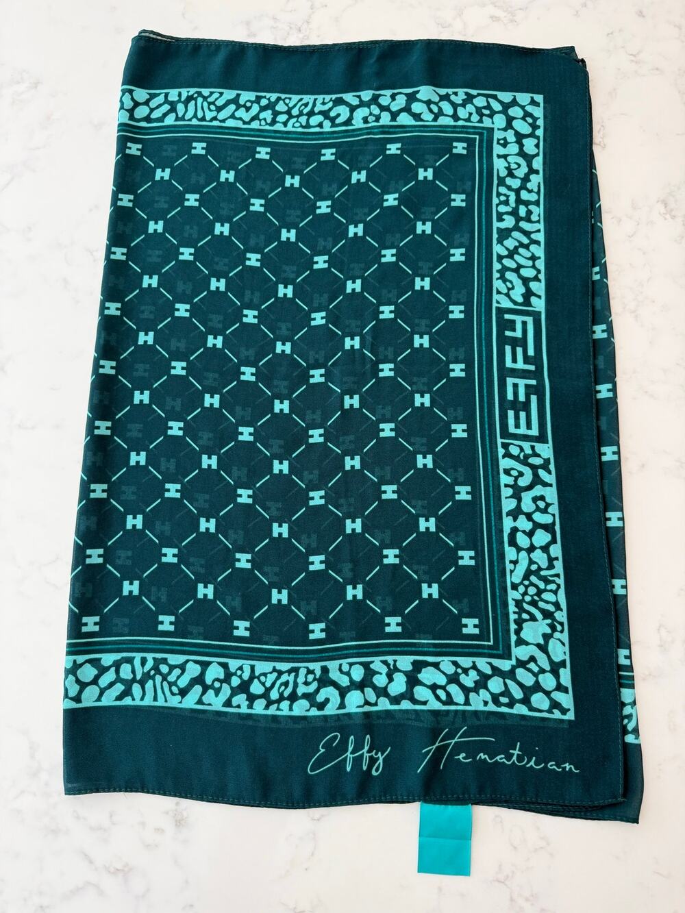 Effy Hematian 100% Polyester Green Monogram Signature Scarf Wrap Preppy Designer